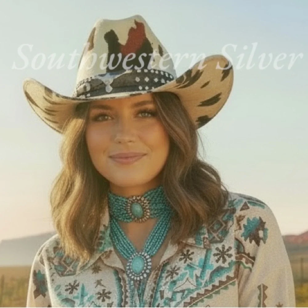 NEW Southwestern Cowhide Print Vegan Suede Leather Light Tan Brown Cowboy Hat